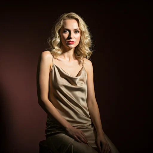 Dramatic portrait of a blonde companion in a silk dress with soft cinematic lighting and deep shadows