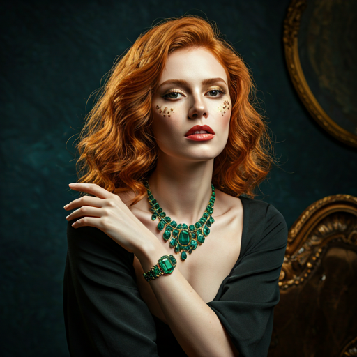 Sophisticated redhead woman with emerald jewelry in a dark velvet setting with moody editorial lighting