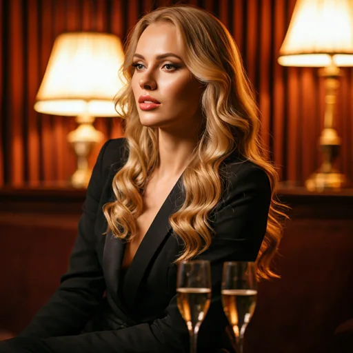 Luxurious portrait of a blonde model in a high-class lounge setting with ambient lamp light