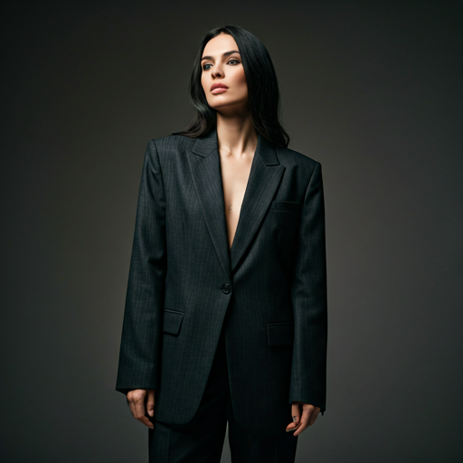 Elegant woman with raven hair wearing a tailored black blazer in a high-end fashion photography style