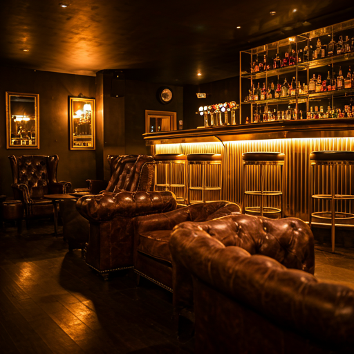 Interior of a luxury private member club with leather armchairs, dimmed warm lighting, and a golden bar setup in soft focus