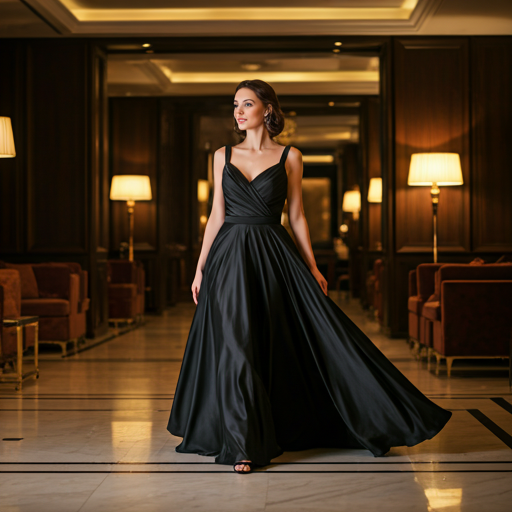Elegant woman in a black evening gown walking through a dimly lit luxury hotel lobby with cinematic lighting