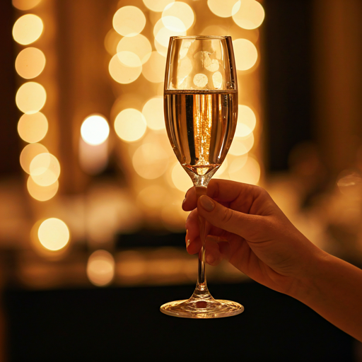 Close up of elegant hands holding a champagne flute at a high-end gala event with soft bokeh lights