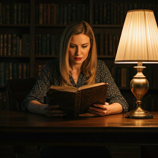 Sophisticated woman sitting at a dark wood library table reading an antique book under warm lamp light