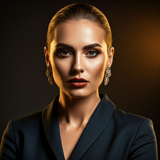Stunning cinematic portrait of a sophisticated woman with elegant makeup, soft warm studio lighting, and a dark editorial background with amber highlights