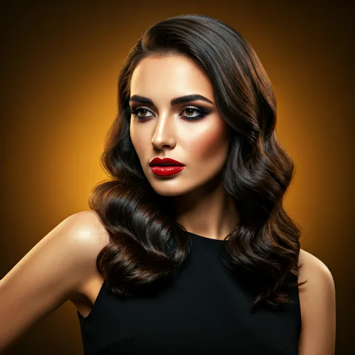 Stunning close-up portrait of an elegant brunette woman with sophisticated makeup in a low-key luxury studio setting with warm gold rim lighting