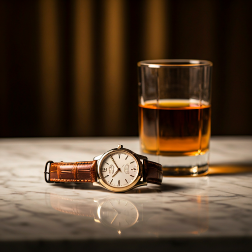 Close up of a luxury watch and glass of whiskey on a marble table with soft golden lighting