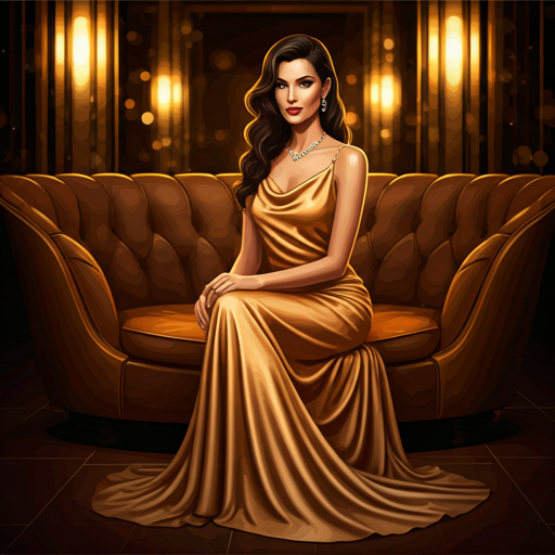 Sophisticated woman in a high-end silk gown sitting in a dimly lit luxury lounge