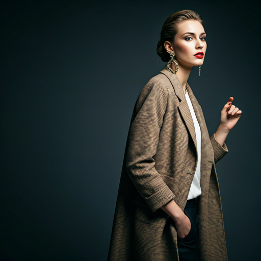 Elegant woman with sophisticated poise wearing high fashion in a dark, moody studio environment