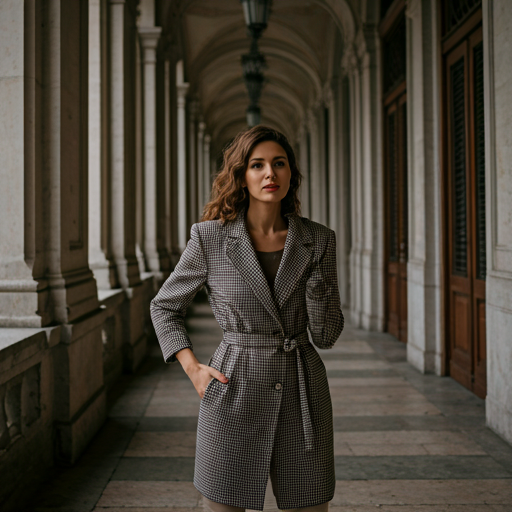 Editorial fashion shot of a woman in an elegant setting with classic architecture