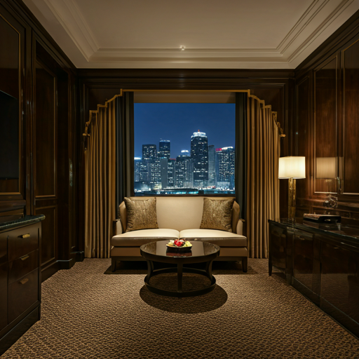 Interior of a luxury hotel suite with dark wood, gold accents, and a view of the city skyline at night