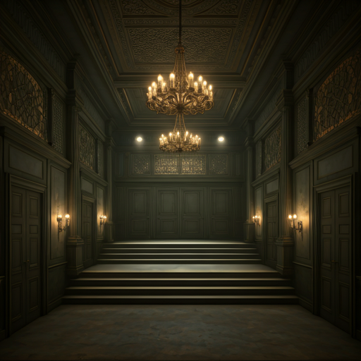 Dark, moody atmospheric photo of an elegant luxury hotel lounge